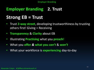 Employer Branding 2. Trust
Strong EB = Trust
• Trust 2-way street, developing trustworthiness by trusting
others first! Giving = Receiving
• Transparency & Clarity about EB
• Illustrating Practising what you preach!
• What you offer & what you can’t & won’t
• What your workforce is experiencing day-to-day
Alexander Crépin AC@Recruitmentcoach.nl
Employer Branding
68
 