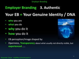 Employer Branding 3. Authentic
Your EB = Your Genuine Identity / DNA
• who you are
• what you do
• why you do it
• how you do it
• EB perception/image shaped by
• Openness, Transparency about what usually not directly visible, but
experienced ……
Alexander Crépin AC@Recruitmentcoach.nl
Employer Branding
70
 