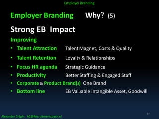 Employer Branding Why? (5)
Strong EB Impact
Improving
• Talent Attraction Talent Magnet, Costs & Quality
• Talent Retention Loyalty & Relationships
• Focus HR agenda Strategic Guidance
• Productivity Better Staffing & Engaged Staff
• Corporate & Product Brand(s) One Brand
• Bottom line EB Valuable intangible Asset, Goodwill
Alexander Crépin AC@Recruitmentcoach.nl
Employer Branding
87
 