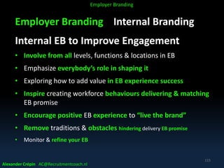Employer Branding Internal Branding
Internal EB to Improve Engagement
• Involve from all levels, functions & locations in EB
• Emphasize everybody’s role in shaping it
• Exploring how to add value in EB experience success
• Inspire creating workforce behaviours delivering & matching
EB promise
• Encourage positive EB experience to “live the brand”
• Remove traditions & obstacles hindering delivery EB promise
• Monitor & refine your EB
Alexander Crépin AC@Recruitmentcoach.nl
115
Employer Branding
 