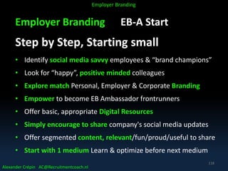 Employer Branding EB-A Start
Step by Step, Starting small
• Identify social media savvy employees & “brand champions”
• Look for “happy”, positive minded colleagues
• Explore match Personal, Employer & Corporate Branding
• Empower to become EB Ambassador frontrunners
• Offer basic, appropriate Digital Resources
• Simply encourage to share company's social media updates
• Offer segmented content, relevant/fun/proud/useful to share
• Start with 1 medium Learn & optimize before next medium
Alexander Crépin AC@Recruitmentcoach.nl
Employer Branding
118
 