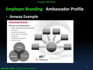 Employer Branding Ambassador Profile
• Amway Example
Alexander Crépin AC@Recruitmentcoach.nl
22
Employer Branding
 