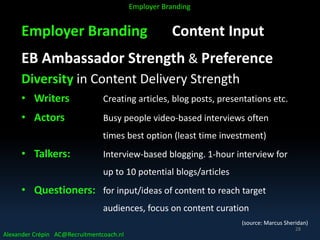 Employer Branding Content Input
EB Ambassador Strength & Preference
Diversity in Content Delivery Strength
• Writers Creating articles, blog posts, presentations etc.
• Actors Busy people video-based interviews often
times best option (least time investment)
• Talkers: Interview-based blogging. 1-hour interview for
up to 10 potential blogs/articles
• Questioners: for input/ideas of content to reach target
audiences, focus on content curation
(source: Marcus Sheridan)
Alexander Crépin AC@Recruitmentcoach.nl
Employer Branding
28
 