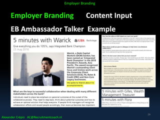 Employer Branding Content Input
EB Ambassador Talker Example
Alexander Crépin AC@Recruitmentcoach.nl
Employer Branding
29
 