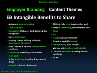 Employer Branding Content Themes
EB Intangible Benefits to Share
Alexander Crépin AC@Recruitmentcoach.nl
Employer Branding
• A pleasant work atmosphere
• Trust & Respect
• Stimulating, Challenge, Contribution & Role
Recognition
• Career progression
• Learning culture, offering training &
development framework
• Open, internal & external communication
excellence
• Community, Friendship, Camaraderie
• Team spirit
• Visible leadership, inspiring & opportunity
driven
• Innovation, industry leadership
• Ability to take pride in where they work
• Sense of Community, environmental care
• Ethics
• Fun
• Flexible work environment
• Provide a work/life balance
• Family friendly place to work
• Working with excellent professionals
• Customer excellence matching internal
excellence
• Etc.etc.
44
 