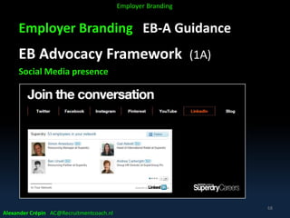 Employer Branding EB-A Guidance
EB Advocacy Framework (1A)
Social Media presence
Alexander Crépin AC@Recruitmentcoach.nl
68
Employer Branding
 