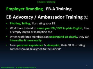 Employer Branding EB-A Training
EB Advocacy / Ambassador Training (C)
• Pitching, Telling, Illustrating your EB
• Workforce trained to name your EB / EVP in plain English, free
of empty jargon or marketing-ese
• When workforce members can understand EB clearly, they can
internalize it more easily
• From personal experience & viewpoint, their EB illustrating
content should be aligned to the EB/EVP
Alexander Crépin AC@Recruitmentcoach.nl
Employer Branding
76
 