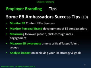 Employer Branding Tips
Some EB Ambassadors Success Tips (10)
• Monitor EB Content Effectiveness
• Monitor Personal Brand development of EB Ambassadors
• Measuring follower growth, click-through rates,
engagement
• Measure EB awareness among critical Target Talent
groups
• Analyse impact on achieving your EB strategy & goals
Alexander Crépin AC@Recruitmentcoach.nl
Employer Branding
93
 