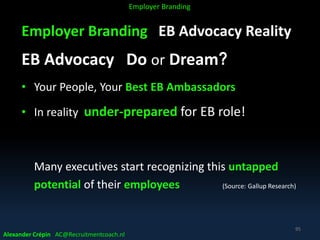 Employer Branding EB Advocacy Reality
EB Advocacy Do or Dream?
• Your People, Your Best EB Ambassadors
• In reality under-prepared for EB role!
Many executives start recognizing this untapped
potential of their employees (Source: Gallup Research)
Alexander Crépin AC@Recruitmentcoach.nl
95
Employer Branding
 