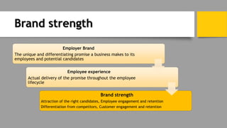 Brand strength
Employer Brand
The unique and differentiating promise a business makes to its
employees and potential candidates
Employee experience
Actual delivery of the promise throughout the employee
lifecycle
Brand strength
Attraction of the right candidates, Employee engagement and retention
Differentiation from competitors, Customer engagement and retention
 