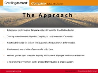 T h e A p p r o a c h
• Establishing the innovative Company culture through the Brand Action Center
• Creating an environment aligned to Company, it s customers and it s markets
• Creating the source for context with customer affinity & market differentiation
• Creates agent appreciation of commercial objectives
• Delivers greater agent/customer empathy and increases employee motivation & retention
• A never ending environment can be proposed for induction & ongoing support
www.creatingdemand.org Copyright 2013-2014 Presentation by: Sachin Bansal
Company Culture & Environment
 