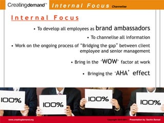 I n t e r n a l F o c u s
• To develop all employees as brand ambassadors
• To channelise all information
• Work on the ongoing process of Bridging the gap between client
employee and senior management
• Bring in the WOW factor at work
• Bringing the AHA effect
www.creatingdemand.org Copyright 2013-2014 Presentation by: Sachin Bansal
I n t e r n a l F o c u s Channelise
 