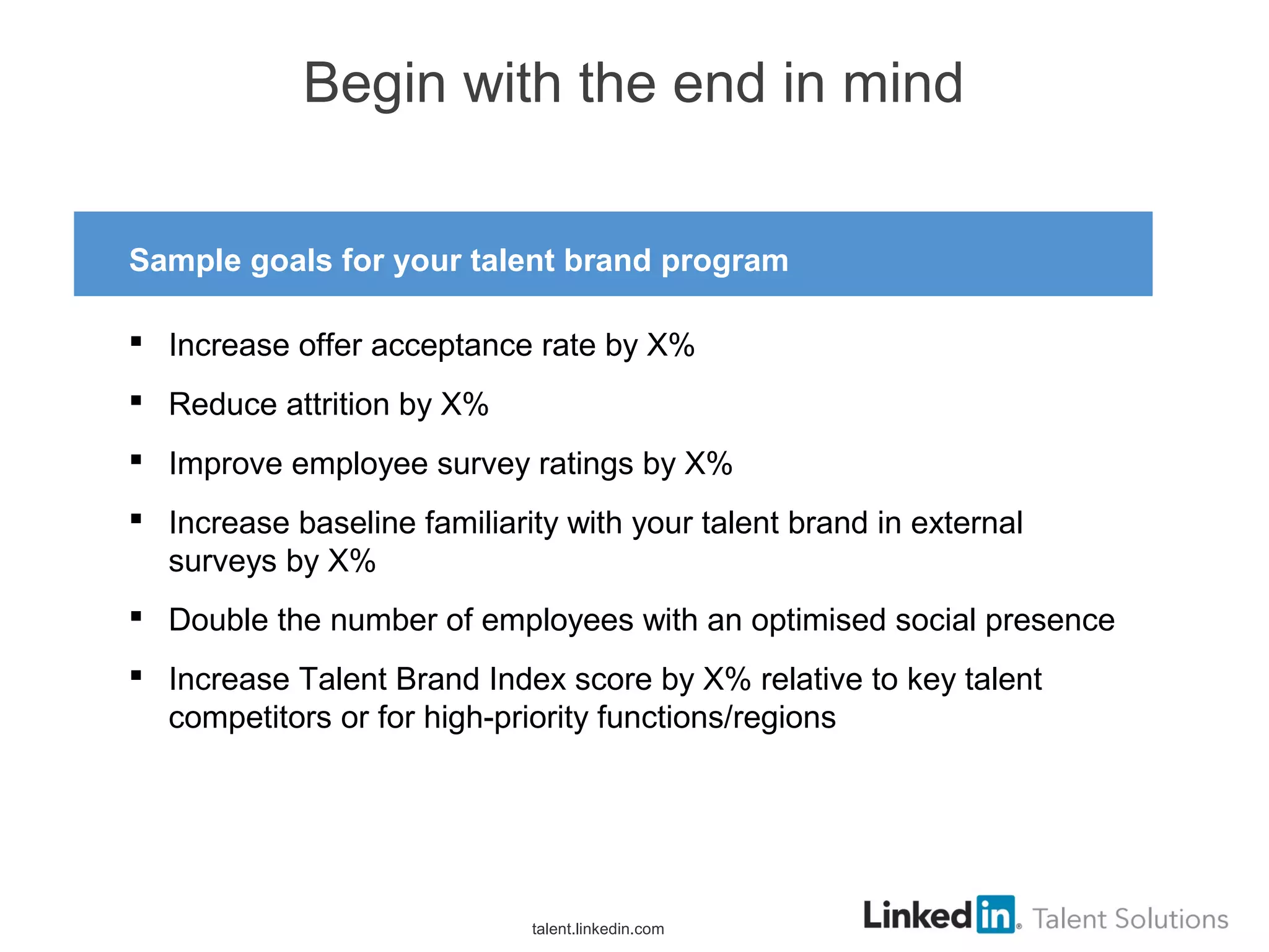 Begin with the end in mind
Sample goals for your talent brand program
 Increase offer acceptance rate by X%
 Reduce attrition by X%
 Improve employee survey ratings by X%
 Increase baseline familiarity with your talent brand in external
surveys by X%
 Double the number of employees with an optimised social presence
 Increase Talent Brand Index score by X% relative to key talent
competitors or for high-priority functions/regions
talent.linkedin.com
 