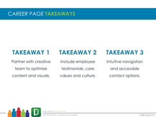 CAREER PAGE TAKEAWAYS
#EBreport15
TAKEAWAY 1 TAKEAWAY 2 TAKEAWAY 3
Partner with creative
team to optimize
content and visuals.
Include employee
testimonials, core
values and culture.
Intuitive navigation
and accessible
contact options.
 