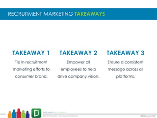 RECRUITMENT MARKETING TAKEAWAYS
#EBreport15
TAKEAWAY 1 TAKEAWAY 2 TAKEAWAY 3
Tie in recruitment
marketing efforts to
consumer brand.
Empower all
employees to help
drive company vision.
Ensure a consistent
message across all
platforms.
 