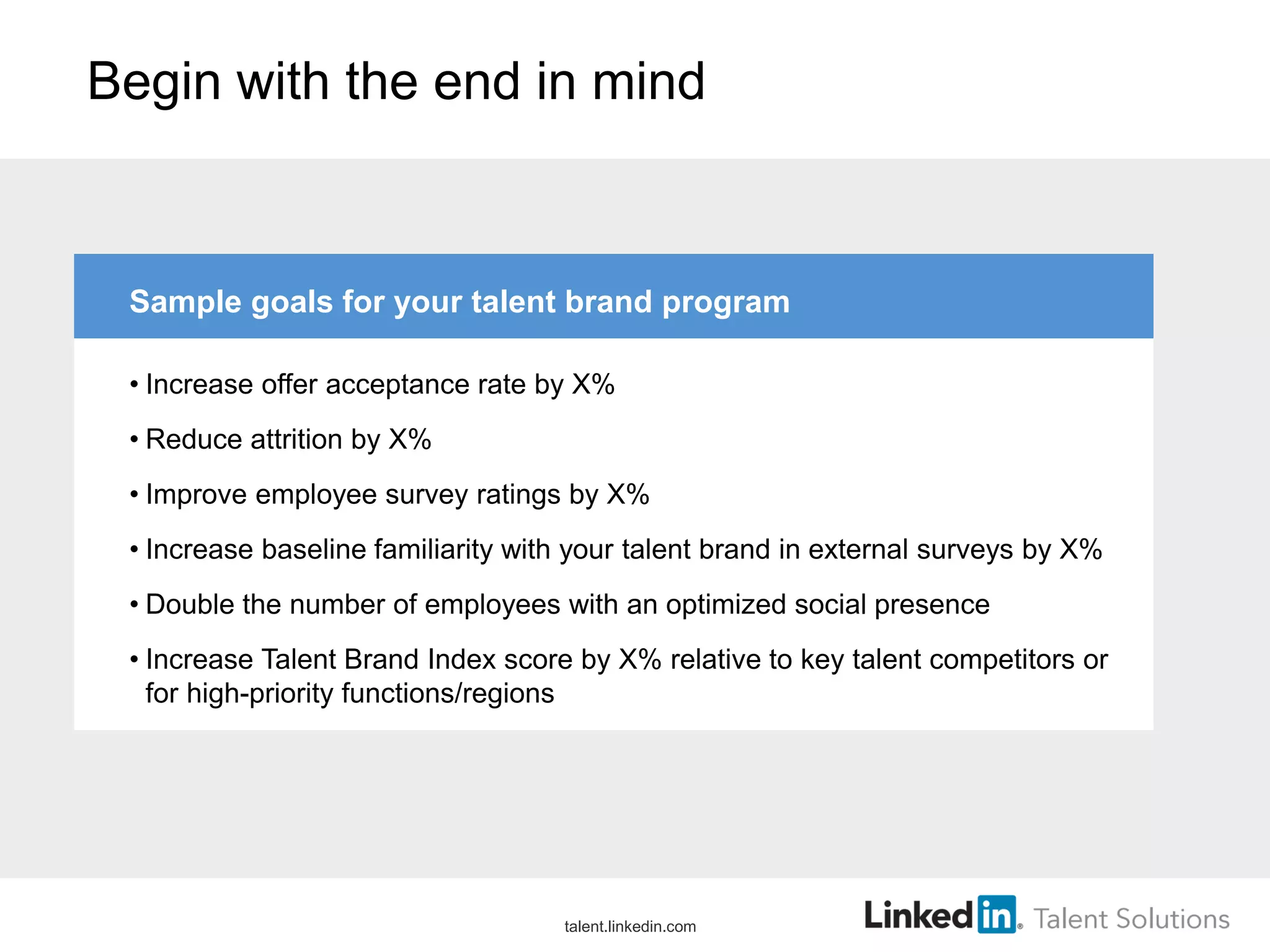 Begin with the end in mind
Sample goals for your talent brand program
• Increase offer acceptance rate by X%
• Reduce attrition by X%
• Improve employee survey ratings by X%
• Increase baseline familiarity with your talent brand in external surveys by X%
• Double the number of employees with an optimized social presence
• Increase Talent Brand Index score by X% relative to key talent competitors or
for high-priority functions/regions
talent.linkedin.com
 