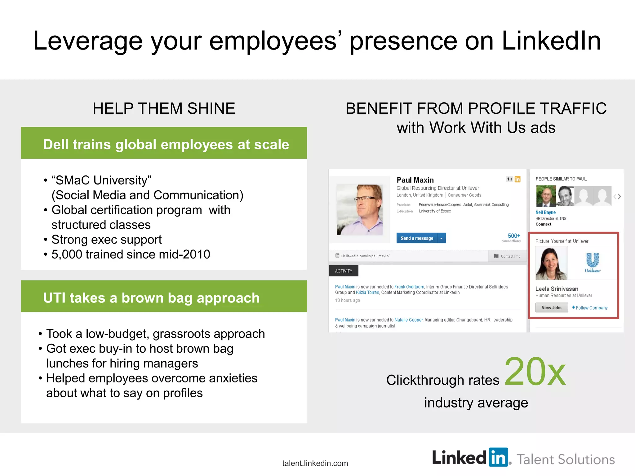Leverage your employees’ presence on LinkedIn
Dell trains global employees at scale
• “SMaC University”
(Social Media and Communication)
• Global certification program with
structured classes
• Strong exec support
• 5,000 trained since mid-2010
UTI takes a brown bag approach
• Took a low-budget, grassroots approach
• Got exec buy-in to host brown bag
lunches for hiring managers
• Helped employees overcome anxieties
about what to say on profiles
HELP THEM SHINE
Clickthrough rates 20x
industry average
BENEFIT FROM PROFILE TRAFFIC
with Work With Us ads
talent.linkedin.com
 