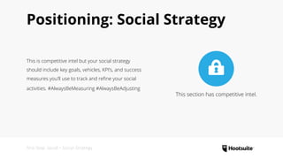 Positioning: Social Strategy
First Stop: Social • Social Strategy
This section has competitive intel.
This is competitive intel but your social strategy
should include key goals, vehicles, KPI’s, and success
measures you’ll use to track and refine your social
activities. #AlwaysBeMeasuring #AlwaysBeAdjusting
 