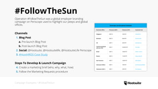 Campaign Examples • #FollowTheSun
#FollowTheSun
Operation #FollowTheSun was a global employer branding
campaign on Periscope used to highlight our peeps and global
offices.
Channels
 1. Blog Post
   a. Pre-launch Blog Post
   b. Post-launch Blog Post
 2. Social: @Hootsuite, @Hootsuitelife, @HootsuiteLife Periscope
 3. #HootHROS Case Study
Steps To Develop & Launch Campaign
 4. Create a marketing brief (who, why, what, how)
 5. Follow the Marketing Requests procedure
 