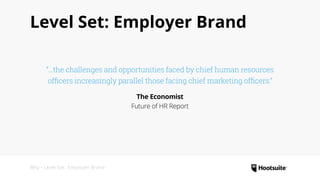 Level Set: Employer Brand
“...the challenges and opportunities faced by chief human resources
officers increasingly parallel those facing chief marketing officers.”
The Economist
Future of HR Report
Why • Level Set: Employer Brand
 