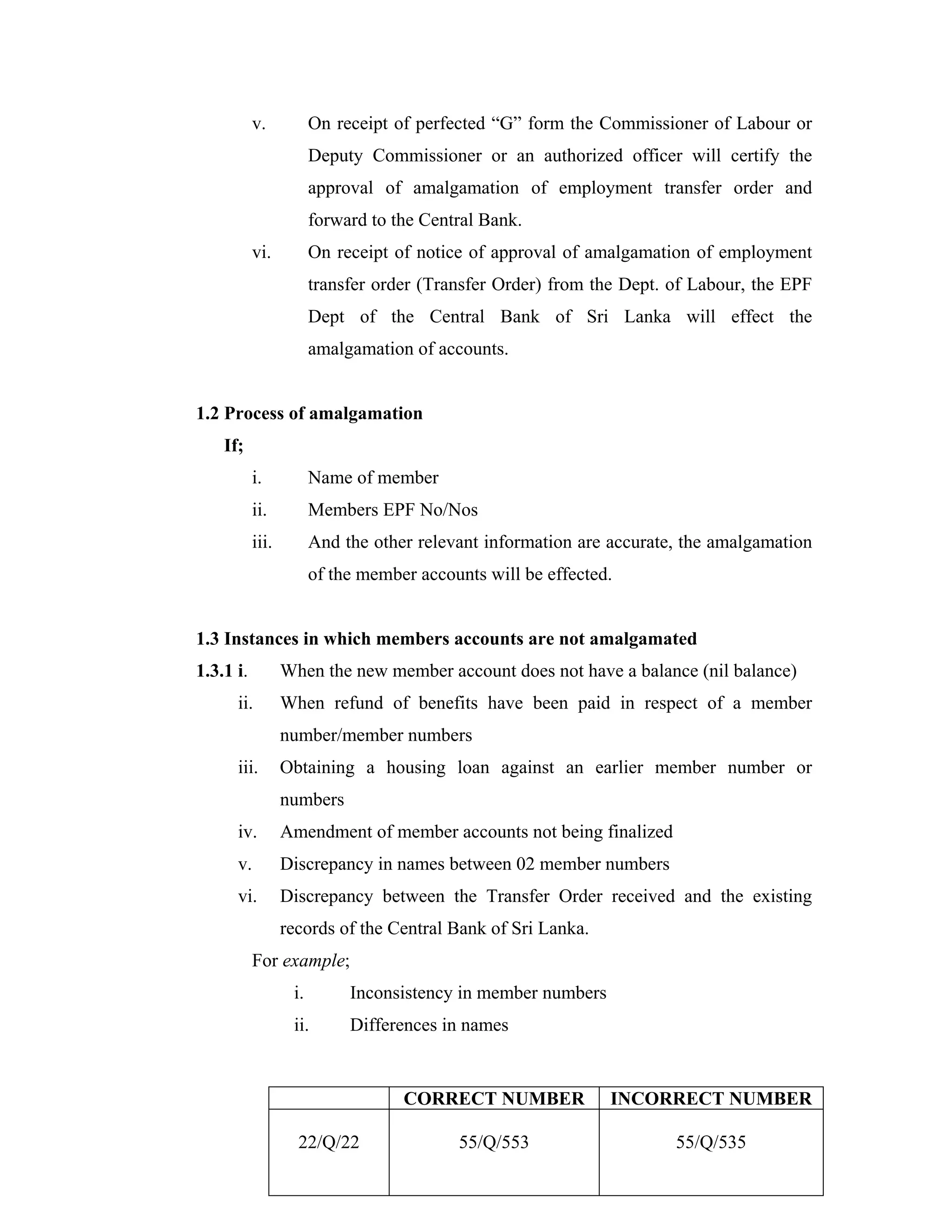 v.           On receipt of perfected “G” form the Commissioner of Labour or
                        Deputy Commissioner or an authorized officer will certify the
                        approval of amalgamation of employment transfer order and
                        forward to the Central Bank.
           vi.          On receipt of notice of approval of amalgamation of employment
                        transfer order (Transfer Order) from the Dept. of Labour, the EPF
                        Dept of the Central Bank of Sri Lanka will effect the
                        amalgamation of accounts.


1.2 Process of amalgamation
    If;
           i.           Name of member
           ii.          Members EPF No/Nos
           iii.         And the other relevant information are accurate, the amalgamation
                        of the member accounts will be effected.


1.3 Instances in which members accounts are not amalgamated
1.3.1 i.          When the new member account does not have a balance (nil balance)
      ii.         When refund of benefits have been paid in respect of a member
                  number/member numbers
      iii.        Obtaining a housing loan against an earlier member number or
                  numbers
      iv.         Amendment of member accounts not being finalized
      v.          Discrepancy in names between 02 member numbers
      vi.         Discrepancy between the Transfer Order received and the existing
                  records of the Central Bank of Sri Lanka.
           For example;
                   i.        Inconsistency in member numbers
                   ii.       Differences in names


                                    CORRECT NUMBER             INCORRECT NUMBER

                    22/Q/22                55/Q/553                    55/Q/535
 