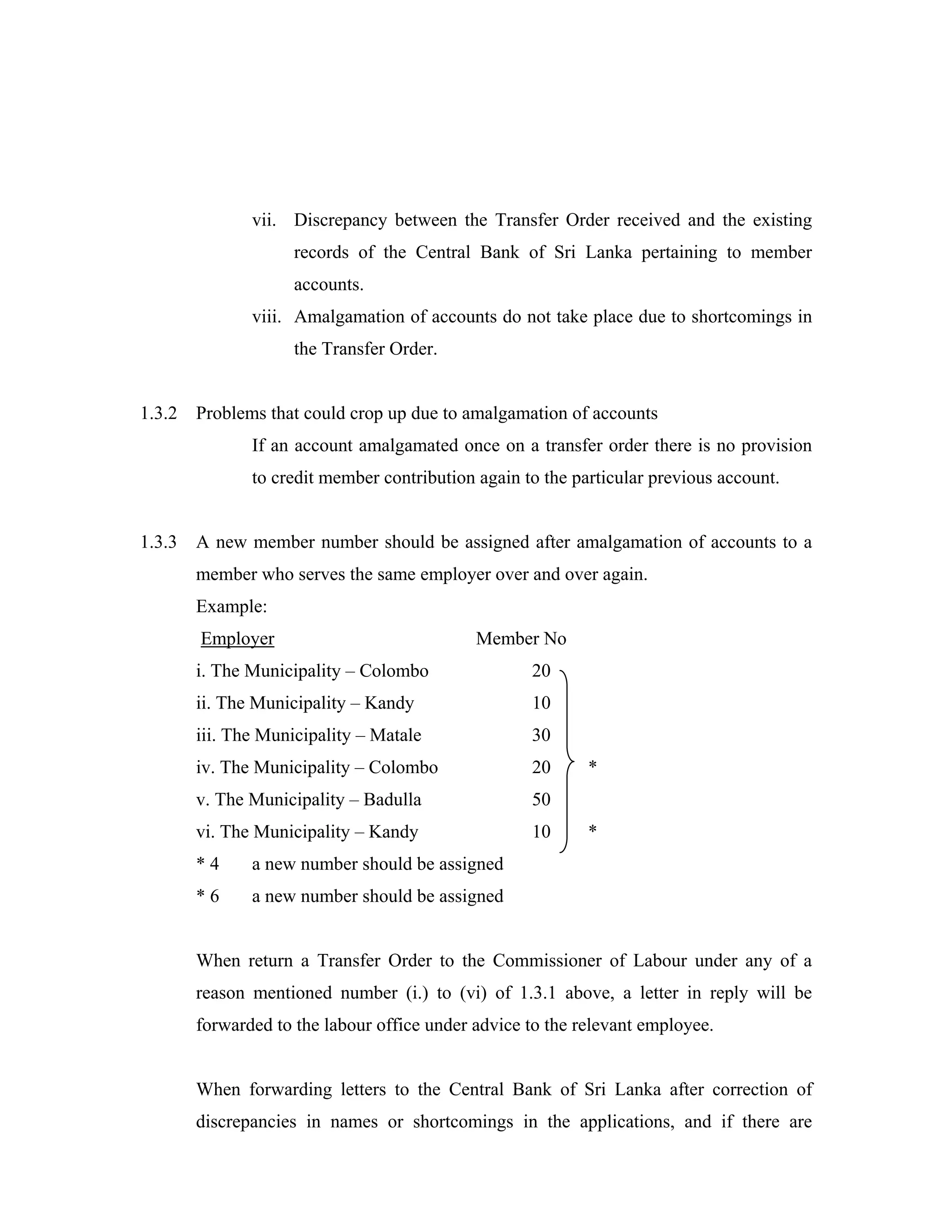 vii. Discrepancy between the Transfer Order received and the existing
                     records of the Central Bank of Sri Lanka pertaining to member
                     accounts.
               viii. Amalgamation of accounts do not take place due to shortcomings in
                     the Transfer Order.


1.3.2 Problems that could crop up due to amalgamation of accounts
               If an account amalgamated once on a transfer order there is no provision
               to credit member contribution again to the particular previous account.


1.3.3   A new member number should be assigned after amalgamation of accounts to a
        member who serves the same employer over and over again.
        Example:
        Employer                             Member No
        i. The Municipality – Colombo               20
        ii. The Municipality – Kandy                10
        iii. The Municipality – Matale              30
        iv. The Municipality – Colombo              20      *
        v. The Municipality – Badulla               50
        vi. The Municipality – Kandy                10      *
        *4     a new number should be assigned
        *6     a new number should be assigned


        When return a Transfer Order to the Commissioner of Labour under any of a
        reason mentioned number (i.) to (vi) of 1.3.1 above, a letter in reply will be
        forwarded to the labour office under advice to the relevant employee.


        When forwarding letters to the Central Bank of Sri Lanka after correction of
        discrepancies in names or shortcomings in the applications, and if there are
 