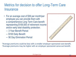 Metrics for decision to offer Long-Term Care Insurance For an average cost of $36 per month/per employee you can provide them with a comprehensive Long Term Care benefit representing $109,500 of retirement income and/or early total disability protection.  3 Year Benefit Period $100 Daily Benefit 90 Day Elimination Period *Average premiums could be less with a smaller employer sponsored core benefit. *Average premiums may be higher with an employer sponsored carve-out benefit. For Agent Use Only 