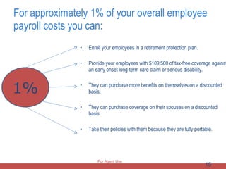 For approximately 1% of your overall employee payroll costs you can: Enroll your employees in a retirement protection plan. Provide your employees with $109,500 of tax-free coverage against an early onset long-term care claim or serious disability. They can purchase more benefits on themselves on a discounted basis. They can purchase coverage on their spouses on a discounted basis. Take their policies with them because they are fully portable. 1% For Agent Use Only 