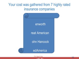 Your cost was gathered from 7 highly rated insurance companies Genworth Great American  John Hancock MedAmerica  MetLife  Prudential  Transamerica For Agent Use Only 