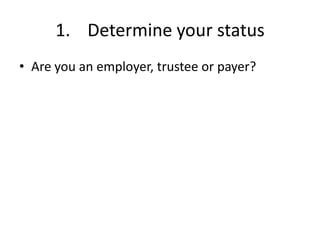 1. Determine your status
• Are you an employer, trustee or payer?
 