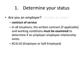 1. Determine your status
• Are you an employer? , trustee or payer
  – contract of service
  – In all situations, the written contract (if applicable)
    and working conditions must be examined to
    determine if an employer-employee relationship
    exists.
  – RC4110 (Employee or Self-Employed)
 