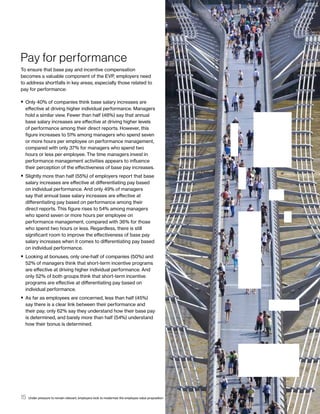 Pay for performance
To ensure that base pay and incentive compensation
becomes a valuable component of the EVP, employers ...