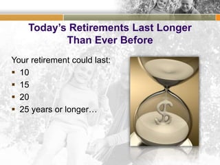 Today’s Retirements Last Longer
Than Ever Before
Your retirement could last:
 10
 15
 20
 25 years or longer…
 
