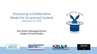 Employing a Collaborative
Model for Structured Content
September 22, 2016
Dori Kelner, Managing Partner
Sleight-of-Hand Studios
 