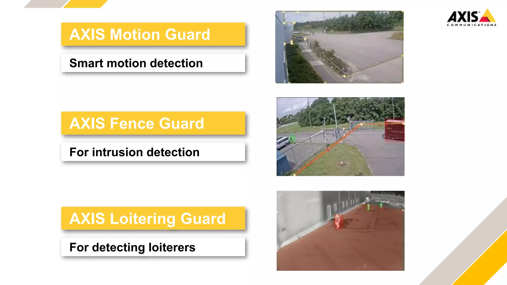 AXIS Fence Guard
For intrusion detection
AXIS Motion Guard
Smart motion detection
AXIS Loitering Guard
For detecting loiterers
 