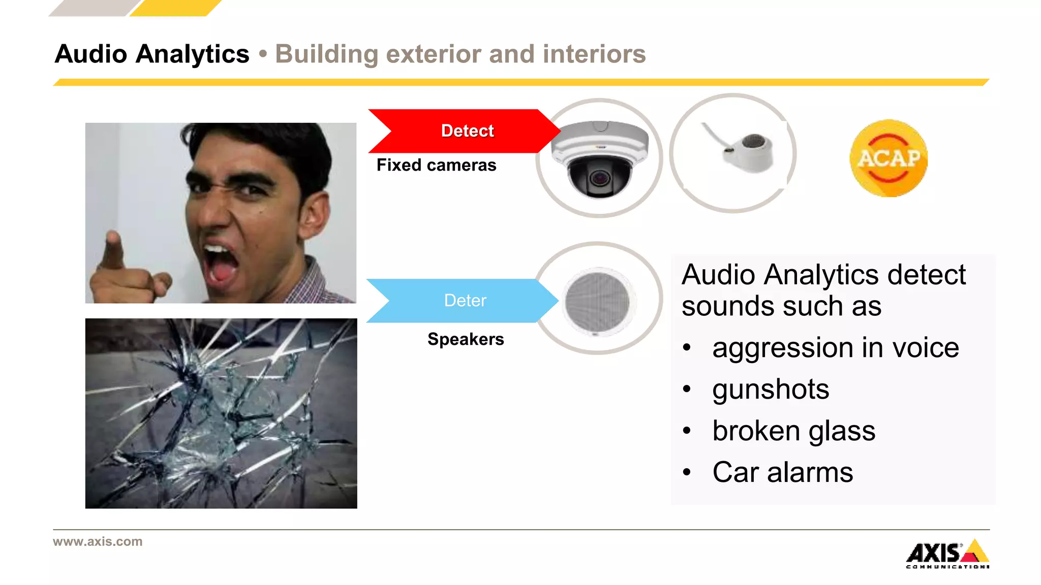 www.axis.com
Audio Analytics • Building exterior and interiors
Detect
Fixed cameras
Deter
Speakers
Audio Analytics detect
sounds such as
• aggression in voice
• gunshots
• broken glass
• Car alarms
 