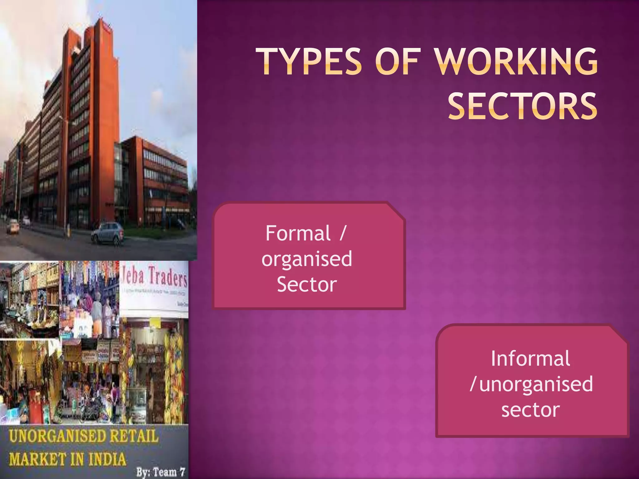 Formal /
organised
Sector

Informal
/unorganised
sector

 
