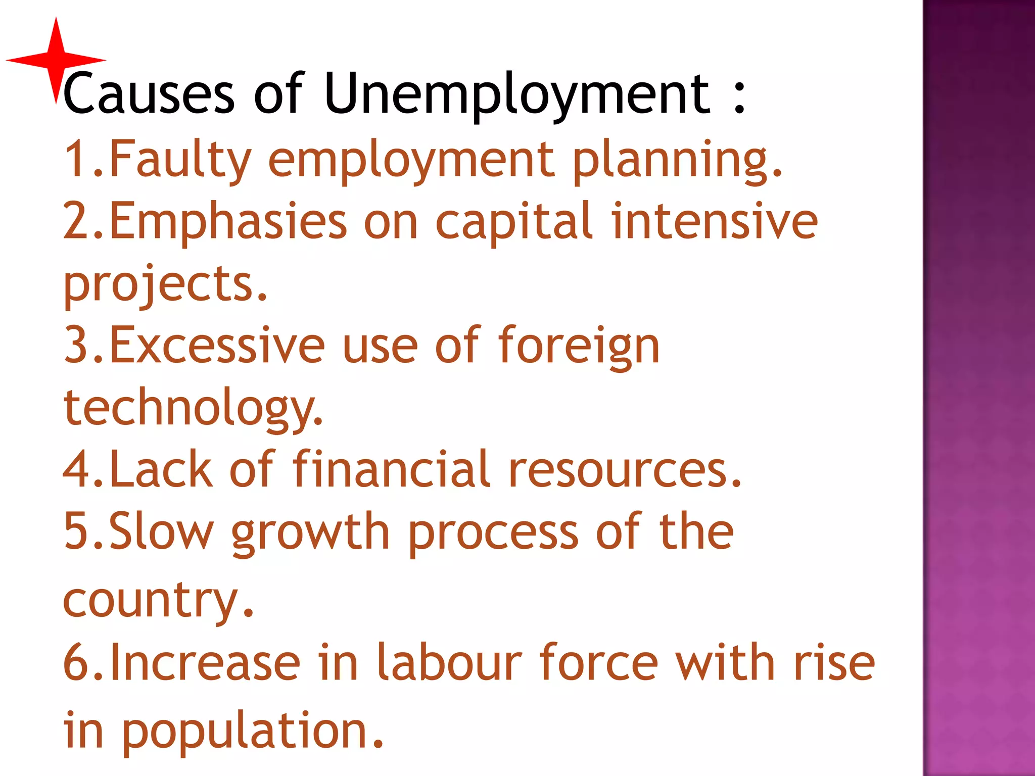 Causes of Unemployment :
1.Faulty employment planning.
2.Emphasies on capital intensive
projects.
3.Excessive use of foreign
technology.
4.Lack of financial resources.
5.Slow growth process of the
country.
6.Increase in labour force with rise
in population.

 