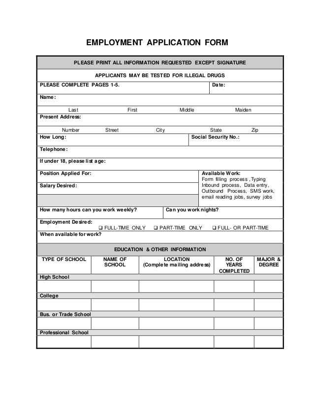 Employment application form