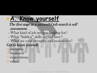  A.

Know yourself

The first stage in a successful job search is self
assessment.
- What kind of job are you looking for?
- What “hidden” skills do you have?
- What are your strengths and weaknesses?
Get to know yourself:
 strengths
 weakness
 expectations
 values

 
