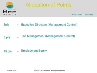 Allocation of Points 2pts   - 5 pts  -  15 pts  - Executive Directors (Management Control) Top Management (Management Control) Employment Equity 
