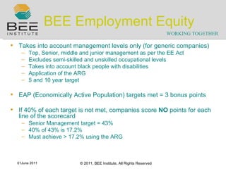 BEE Employment Equity  Takes into account management levels only (for generic companies) Top, Senior, middle and junior management as per the EE Act Excludes semi-skilled and unskilled occupational levels Takes into account black people with disabilities Application of the ARG 5 and 10 year target EAP (Economically Active Population) targets met = 3 bonus points  If 40% of each target is not met, companies score  NO  points for each line of the scorecard Senior Management target = 43% 40% of 43% is 17.2% Must achieve > 17.2% using the ARG 
