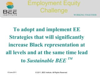 To adopt and implement EE Strategies that will significantly increase Black representation at all levels and at the same time lead to  Sustainable BEE  TM Employment Equity Challenge  