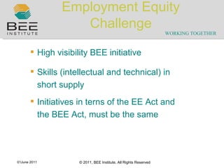 Employment Equity Challenge  High visibility BEE initiative Skills (intellectual and technical) in short supply Initiatives in terns of the EE Act and the BEE Act, must be the same 