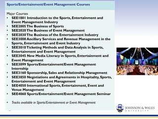 12
Sports/Entertainment/Event Management Courses
Major Courses
•  SEE1001 Introduction to the Sports, Entertainment and
Event Management Industry
•  SEE2005The Business of Sports
•  SEE2020The Business of Event Management
•  SEE2030The Business of the Entertainment Industry
•  SEE3008 Ancillary Services and Revenue Management in the
Sports, Entertainment and Event Industry
•  SEE3010Ticketing Methods and Data Analysis in Sports,
Entertainment and Event Management
•  SEE3045 New Media Literacy in Sports, Entertainment and
Event Management
•  SEE3099 Sports/Entertainment/Event Management
Internship
•  SEE3160 Sponsorship, Sales and Relationship Management
•  SEE3850 Negotiations and Agreements in Hospitality, Sports,
Entertainment and Event Management
•  SEE4050 International Sports, Entertainment, Event and
Venue Management
•  SEE4060 Sports/Entertainment/Event Management Seminar
•  Tracks available in Sports/Entertainment or Event Management
 