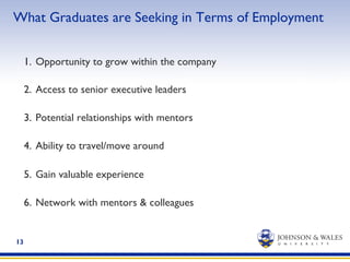 13
What Graduates are Seeking in Terms of Employment
1.  Opportunity to grow within the company
2.  Access to senior executive leaders
3.  Potential relationships with mentors
4.  Ability to travel/move around
5.  Gain valuable experience
6.  Network with mentors & colleagues
 