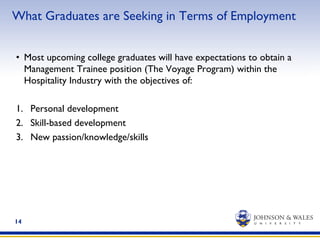 14
What Graduates are Seeking in Terms of Employment
•  Most upcoming college graduates will have expectations to obtain a
Management Trainee position (The Voyage Program) within the
Hospitality Industry with the objectives of:
1.  Personal development
2.  Skill-based development
3.  New passion/knowledge/skills
 