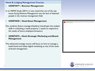 6
Hotel & Lodging Management Courses
•  HOSP3077 – Revenue Management
In an HSMAI Study (2014 ) it was noted that one of the top
issues facing Revenue Management was the lack of talented
people in the revenue management field.
•  HOSP4040 – Hotel Asset Management
Our students (future managers/leaders) should gain the analytic
skills in evaluating a hotel property’s assets to respond to
the needs of future employers/investors.
•  HOSP3075 – Hotel Strategic Marketing and Brand
Management
This advanced strategy course will focus on how to manage a
hotel brand and adopt digital marketing as one of the tools
of brand management.
The image cannot be displayed. Your computer may not have enough memory to open the image, or the image may have
been corrupted. Restart your computer, and then open the ﬁle again. If the red x still appears, you may have to delete the
image and then insert it again.
 