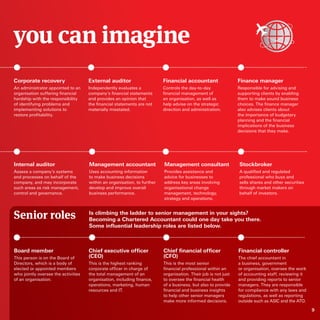 you can imagine
Corporate recovery

External auditor

Financial accountant

Finance manager

An administrator appointed to an 
organisation suffering financial 
hardship with the responsibility
of identifying problems and
implementing solutions to
restore profitability.

Independently evaluates a
company’s financial statements
and provides an opinion that
the financial statements are not
materially misstated.

Controls the day-to-day
financial management of
an organisation, as well as
help advise on the strategic
direction and administration.

Responsible for advising and
supporting clients by enabling
them to make sound business
choices. The finance manager
also advises clients about
the importance of budgetary
planning and the financial
implications of the business
decisions that they make.

Internal auditor

Management accountant

Management consultant

Stockbroker

Assess a company’s systems
and processes on behalf of the
company, and may incorporate
such areas as risk management,
control and governance.

Uses accounting information
to make business decisions
within an organisation, to further
develop and improve overall
business performance.

Provides assistance and
advice for businesses to
address key areas involving
organisational change
management, technology,
strategy and operations.

A qualified and regulated
professional who buys and
sells shares and other securities
through market makers on
behalf of investors.

Senior roles

Is climbing the ladder to senior management in your sights?
Becoming a Chartered Accountant could one day take you there.
Some influential leadership roles are listed below.

Board member

Chief executive officer
(CEO)

Chief financial officer
(CFO)

This is the highest ranking
corporate officer in charge of
the total management of an
organisation, including finance,
operations, marketing, human
resources and IT.

This is the most senior
financial professional within an
organisation. Their job is not just
to oversee the financial health
of a business, but also to provide
financial and business insights
to help other senior managers
make more informed decisions.

This person is on the Board of
Directors, which is a body of
elected or appointed members
who jointly oversee the activities
of an organisation.

Financial controller
The chief accountant in
a business, government
or organisation, oversee the work
of accounting staff, reviewing it
and providing reports to senior
managers. They are responsible
for compliance with any laws and
regulations, as well as reporting
outside such as ASIC and the ATO.
9

 