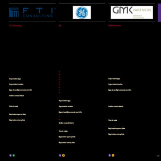 FTI Consulting

GE

GMK Partners

FTI Consulting is a multidisciplinary business advisory
firm. It brings together the most relevant and experienced
professionals from across a range of disciplines, and
focuses their combined skills on anticipating, managing and
overcoming complex business challenges and opportunities.
Our 4,000 professionals in 24 countries work in areas such as
investigations, litigation, mergers and acquisitions, regulatory
issues, reputation management and turnaround
and restructuring.

GE is imagination at work. From jet engines to power
generation, financial services to water processing and medical
imaging, GE people worldwide are dedicated to turning
imaginative ideas into leading products and services that help
solve some of the world’s toughest challenges.

Small firm culture. Large firm expertise. Stand out and be recognised.

FTI Consulting has been engaged in some of the biggest news
stories of the last two decades including the O.J Simpson
trial, the 2000 U.S. presidential election recount, the Bernard
Madoff Investigation, the Enron, Lehman Brothers and General
Motors bankruptcies and the 2010 explosion of the Deepwater
Horizon Oil Rig.
Included among our ranks are forensic accountants; former
chief executives and political leaders; Nobel Laureates;
former Securities and Exchange Commission professionals;
top ranking economists; certified turnaround professionals;
corporate investigations specialists; and corporate, financial
and crisis communications specialists.
We’re committed to attracting, retaining and investing in high
performance people.
Organisation type
Medium mid-tier public practice (8-14 partners)
Organisation location
Level 16, 600 Bourke Street, Melbourne, Vic 3000
Type of work/placements available
Graduate and undergraduate/permanent positions.

GE’s Financial Management Program (FMP) is designed for
exceptional university students seeking outstanding training
and development. FMP graduates work closely with GE’s
most senior personnel, giving them guidance and a broad
range of career development opportunities.
Unlike other firms with large intakes and high turnovers,
GE in Australia and New Zealand accepts smaller groups
of graduates annually into the FMP. This means we’re able
to invest more time, allowing us to focus keenly on the
development of each individual. It is no coincidence that a lot
of the GE leaders of today are FMP graduates.
The program centres on a comprehensive rotation policy,
which allows graduates to gain hands on experience and
training across a wide range of challenging projects and areas
within the business, including:
•	 Operations analysis
•	 Commercial finance
•	 Auditing
•	 Forecasting
•	 Pricing and treasury
•	 Productivity
•	 Cash management
•	 Financial planning
•	 Controllership accounting.

Established in 1979, GMK Partners is one of Australia’s
premier accounting firms and is ranked as one of BRW’s Top
50 accounting firms. Businesses, professionals and individuals
benefit from our comprehensive accounting services. Our
core services include business services, audit and assurance,
tax consulting and compliance, superannuation services and
financial modelling.
GMK Partners offers an environment where graduates are able
to grow, be enriched with personal development programs,
and be recognised for their ability and potential.
With our mid-sized environment and large firm expertise
you can stand out and be recognised with rewarding and
challenging opportunities to launch your career.
Graduates receive broad exposure with wide ranging
experience in our Business Services Division. Be exposed to
diverse clients across all industries. Set yourself up for ongoing
growth without restricting your development by client or
industry type.
Enjoy the perfect balance of small firm culture and large firm
expertise. Stand out and be recognised.
Belong. Grow. Achieve.
Organisation type
Medium mid-tier public practice (8-14 partners)
Organisation location
Level 27, 150 Lonsdale Street, Melbourne, Vic 3000
Type of work/placements available
Graduate and vacation positions.

Further contact details
Contact	
Kate Johnstone or Renee Smith	
Email	apac.humanresources@fticonsulting.com
Phone	
02 8247 8000

The FMP requires mandatory travel with 4 x 6 month rotation
assignments across Australia, and the world.
Organisation type
Corporate

GMK Partners offers both graduate and vacation programs.
Through these programs we offer you early responsibility,
personalised coaching and mentoring, and an opportunity to
work on a broad range of challenging client assignments within
our Business Services Division.

How to apply
Online	www.fticonsulting.com/careers
Email	apacrecruit@fticonsulting.com

Organisation location
572 Swan Street, Richmond, Vic 3000

Further contact details
Contact	
Amy Caudry

Type of work/placements available
Graduate and vacation positions.
•	 GE recruit bi-annually, with intakes in January and July.
•	 GE also recruit summer vacation roles in December each year.

Email	careers@gmkpartners.com.au

Application opening date
Refer to website
Application closing date
Refer to website

Further contact details
Contact	
Chris Smith
Facebook	www.facebook.com/gecareersaunz
How to apply
Online	www.ge.com/au/graduate
Application opening date
Refer to website

Phone	

03 9639 4848

Online	www.gmkpartners.com.au/careers
How to apply
Online	www.gmkpartners.com.au/careers
Email	careers@gmkpartners.com.au
Application opening date
Refer to website
Application closing date
Refer to website

Application closing date
Refer to website

115

 
